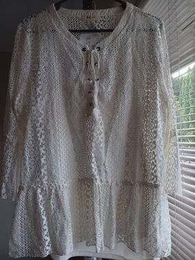 Style & Co. Ivory Lace Peasant Tunic with Lace-Up Front